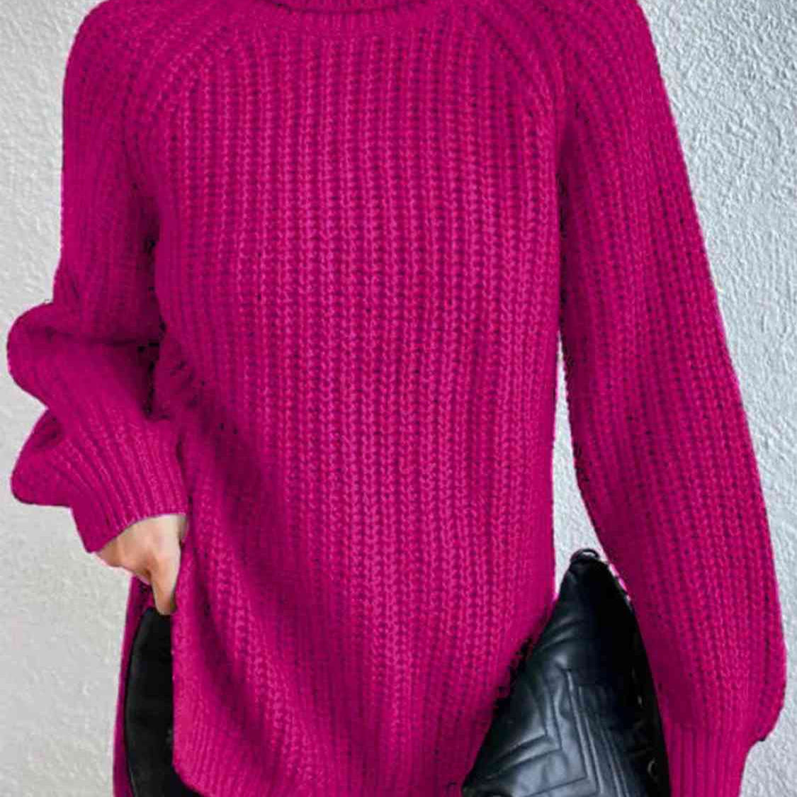 Pull Fendu À Col Roulé En Maille Côtelée Pour Femmes – Tricot Chic Automne/Hiver