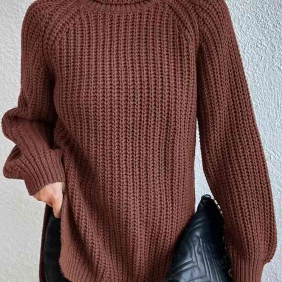 Pull Fendu À Col Roulé En Maille Côtelée Pour Femmes – Tricot Chic Automne/Hiver
