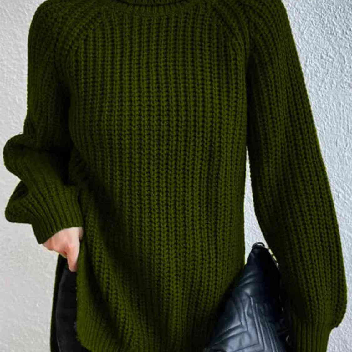 Pull Fendu À Col Roulé En Maille Côtelée Pour Femmes – Tricot Chic Automne/Hiver