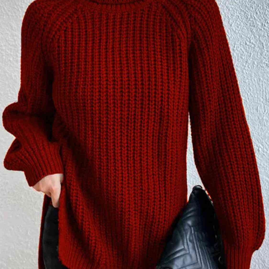 Pull Fendu À Col Roulé En Maille Côtelée Pour Femmes – Tricot Chic Automne/Hiver