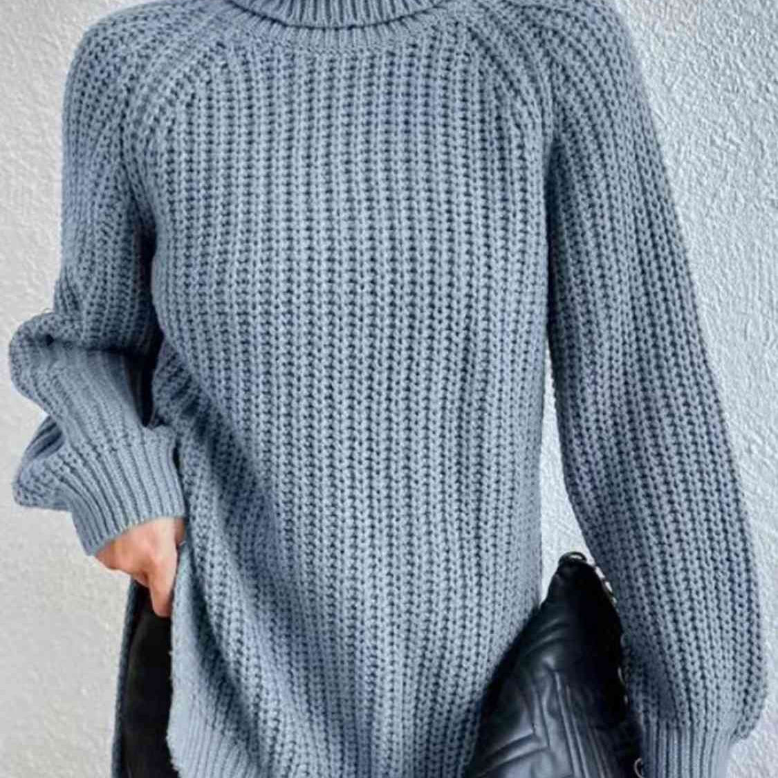 Pull Fendu À Col Roulé En Maille Côtelée Pour Femmes – Tricot Chic Automne/Hiver