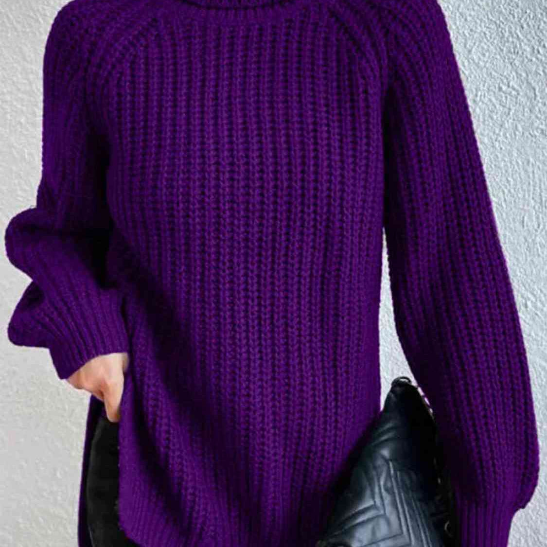 Pull Fendu À Col Roulé En Maille Côtelée Pour Femmes – Tricot Chic Automne/Hiver