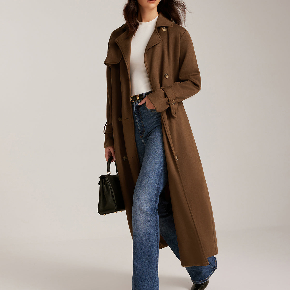 Trench Long Marron | Ceinture Ajustable | Élégance Intemporelle