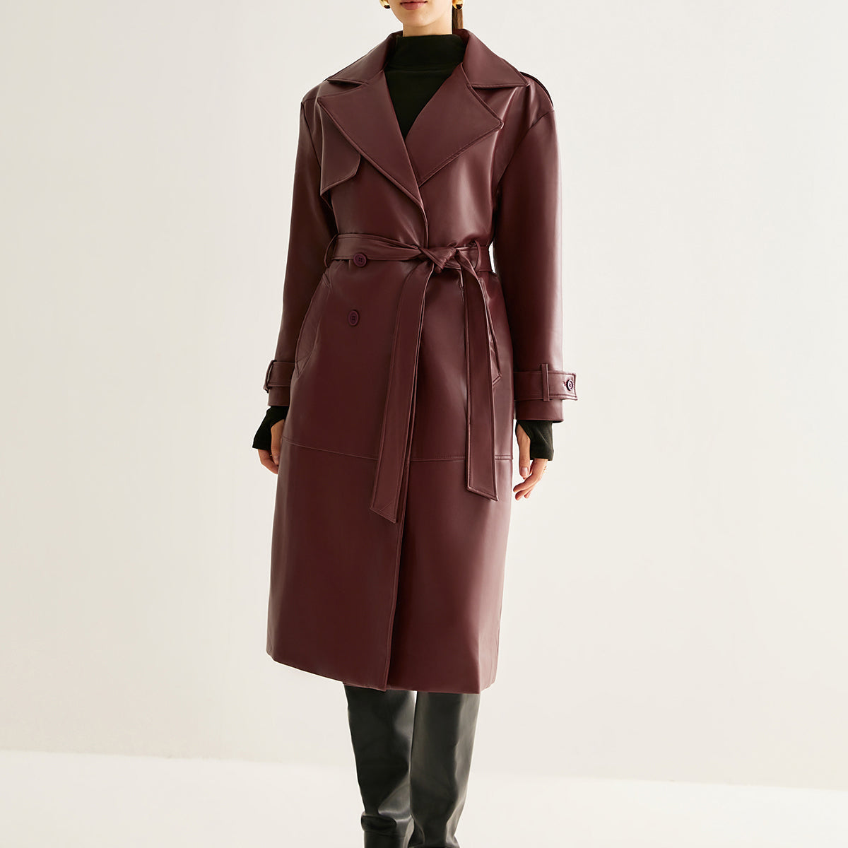 Trench Long Bordeaux | Similicuir Élégant | Ceinture Ajustable