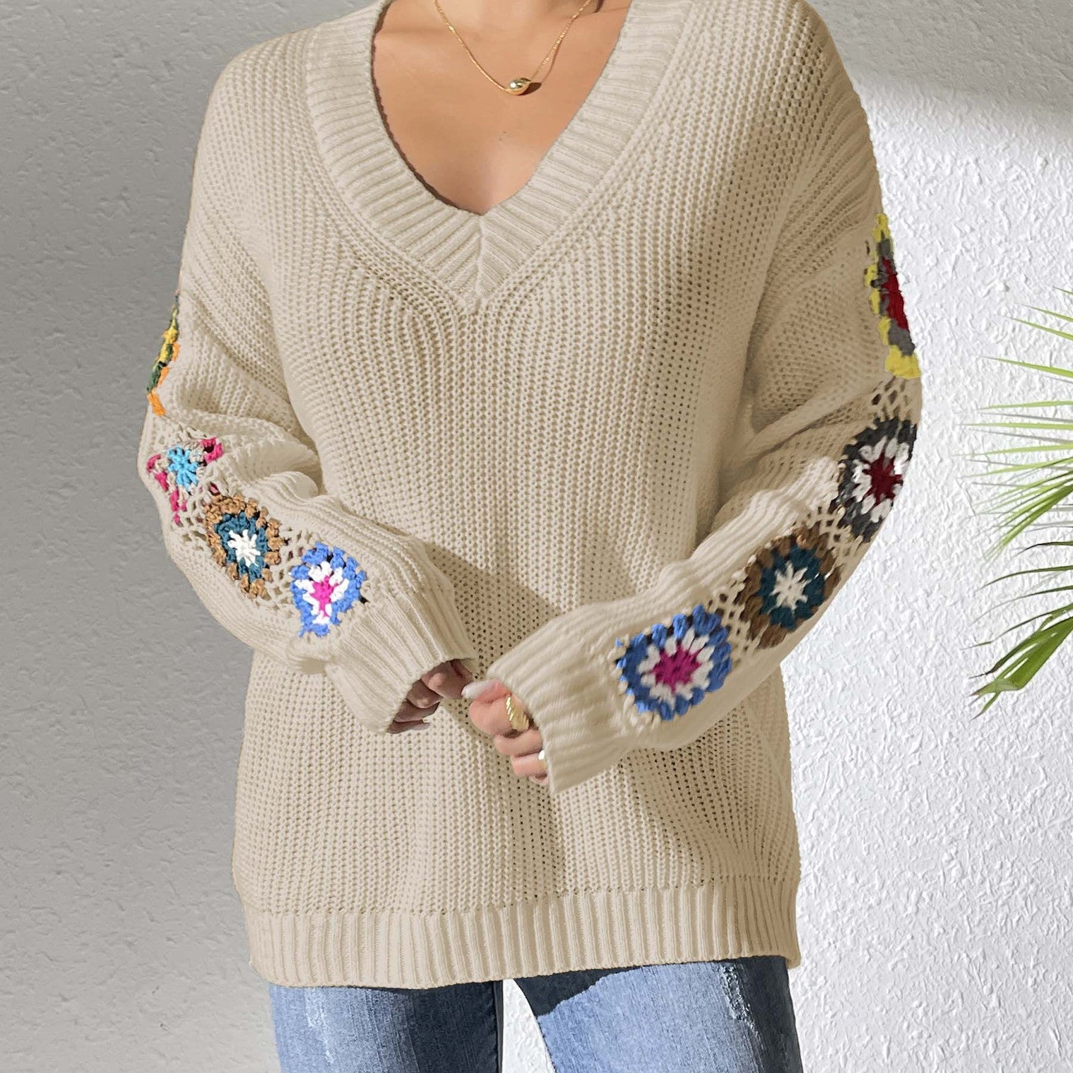 Pull à Col V à Manches Assemblées Fait Main pour Femmes – Tricot Automne/Hiver