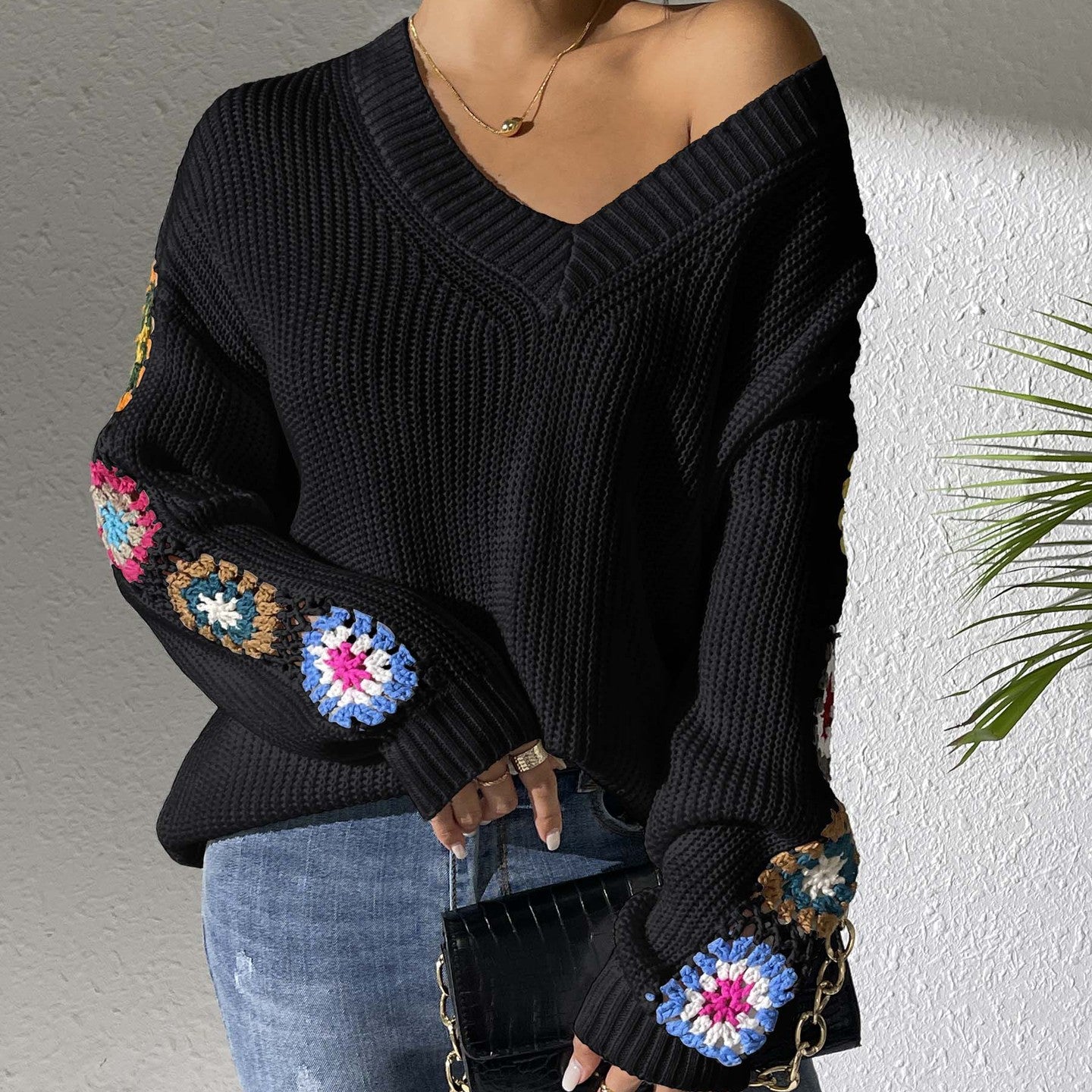 Pull à Col V à Manches Assemblées Fait Main pour Femmes – Tricot Automne/Hiver