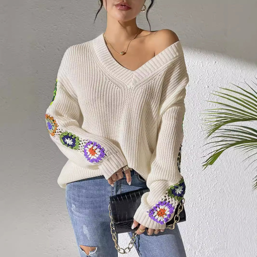 Pull à Col V à Manches Assemblées Fait Main pour Femmes – Tricot Automne/Hiver