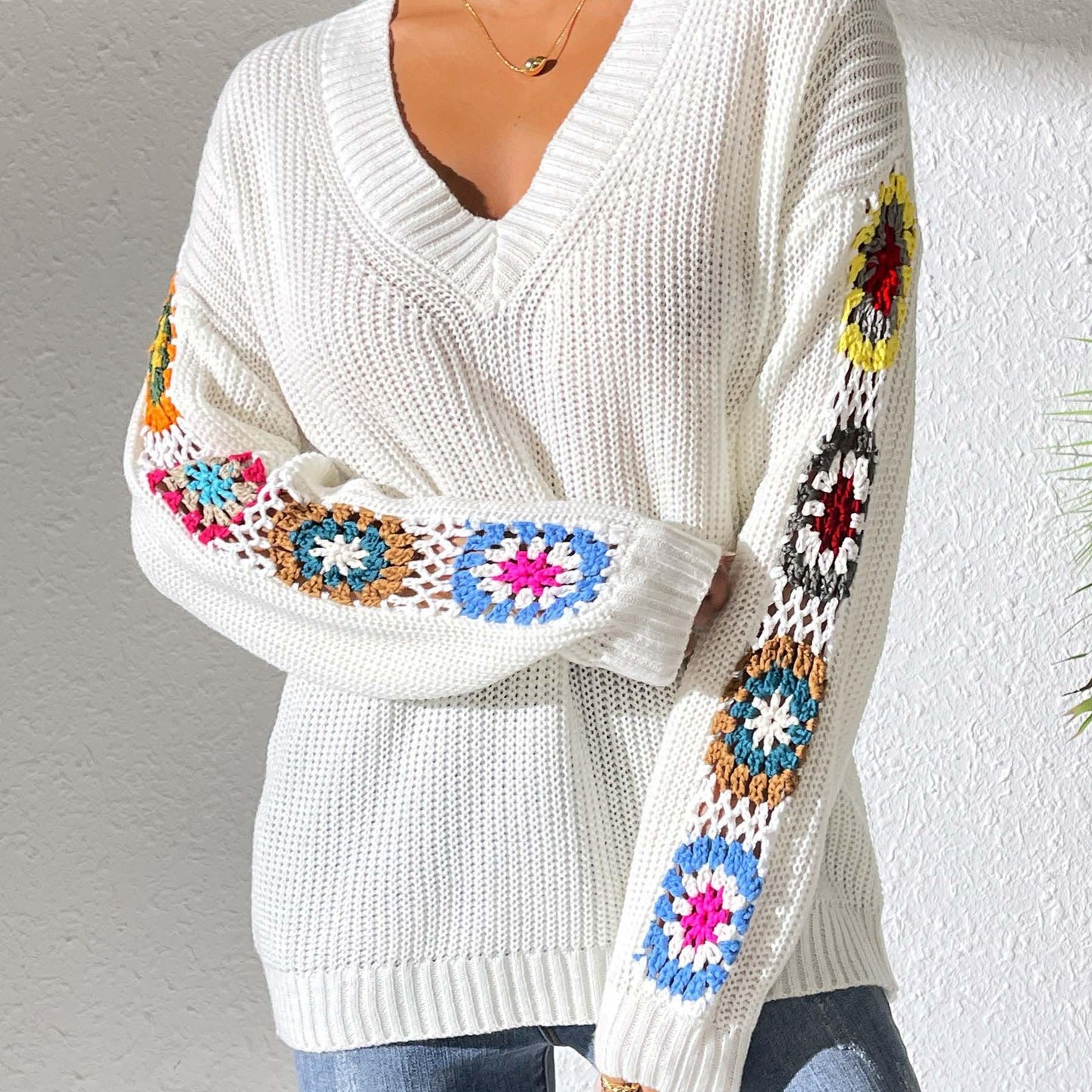 Pull à Col V à Manches Assemblées Fait Main pour Femmes – Tricot Automne/Hiver