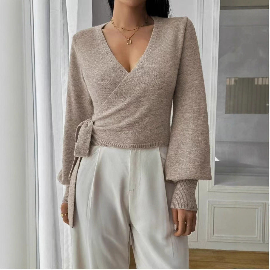 Pull Cache-Cœur À Col En V Pour Femmes – Haut Élégant Automne/Hiver