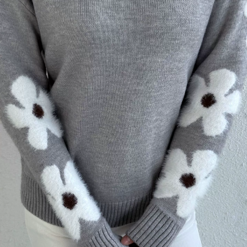 Pull tricoté à fleurs pour femme – Gris ou Bleu – Tailles S à XL