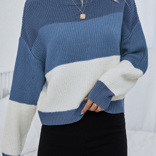 Pull femme rayé manches longues oversize en tricot doux – camel ou bleu et blanc cassé