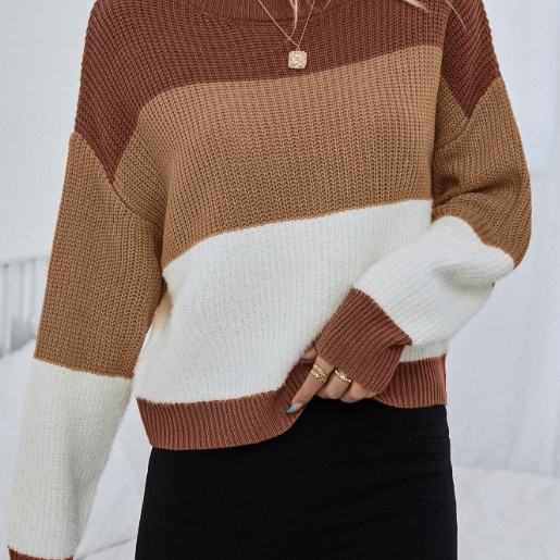 Pull femme rayé manches longues oversize en tricot doux – camel ou bleu et blanc cassé