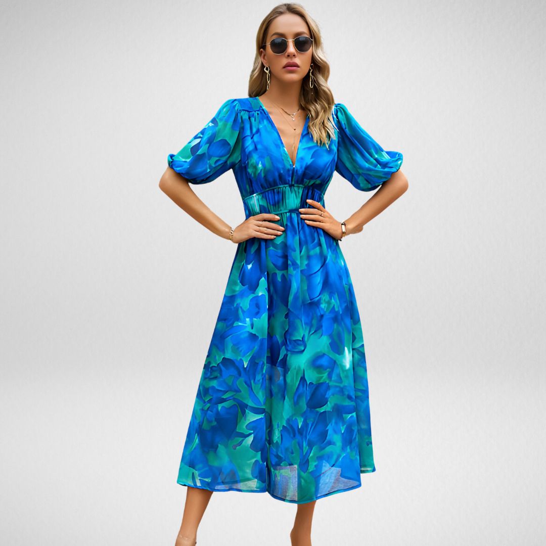 Féminine & Tendance – Robe Midi à Manches Bouffantes