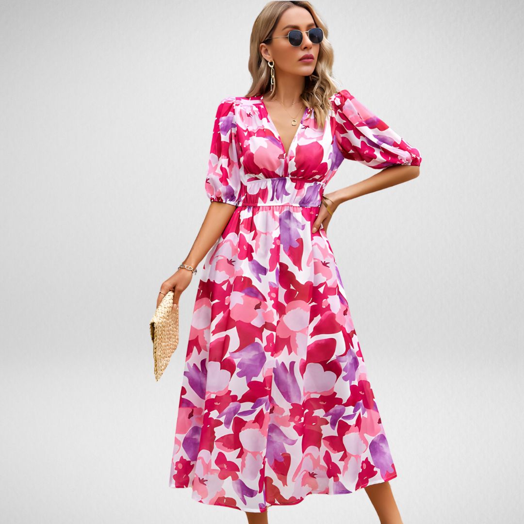 Féminine & Tendance – Robe Midi à Manches Bouffantes