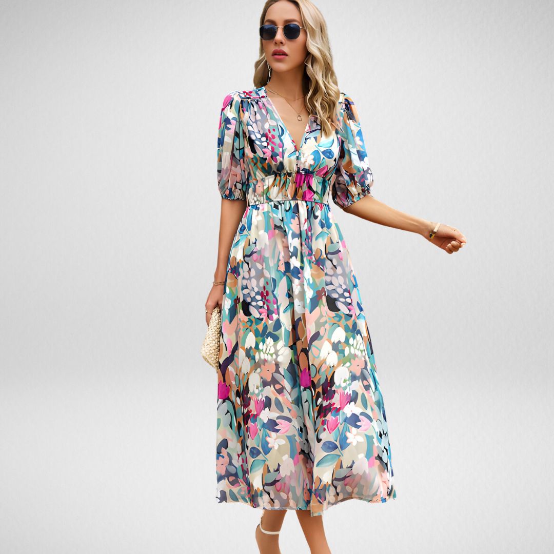 Féminine & Tendance – Robe Midi à Manches Bouffantes