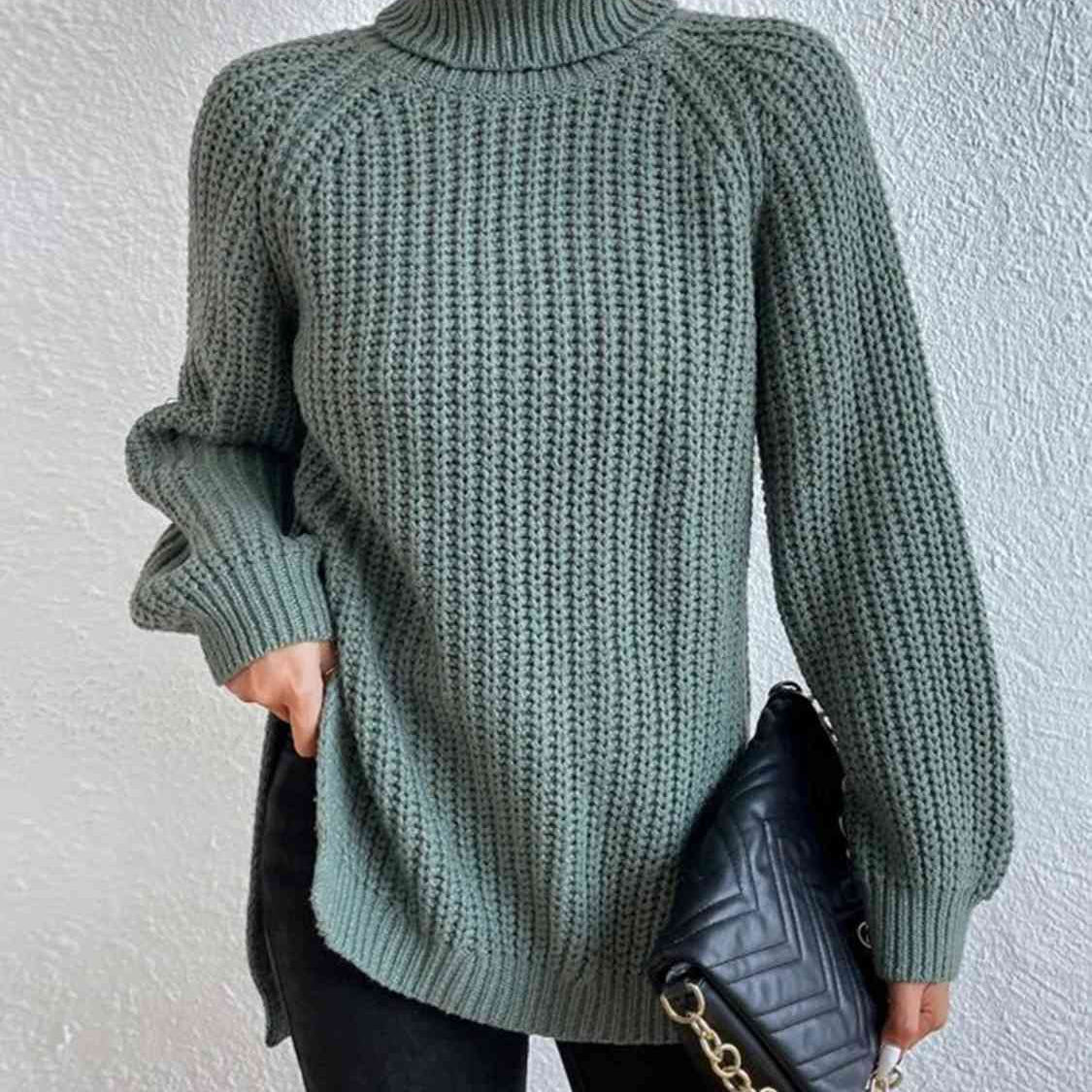 Pull Fendu À Col Roulé En Maille Côtelée Pour Femmes – Tricot Chic Automne/Hiver