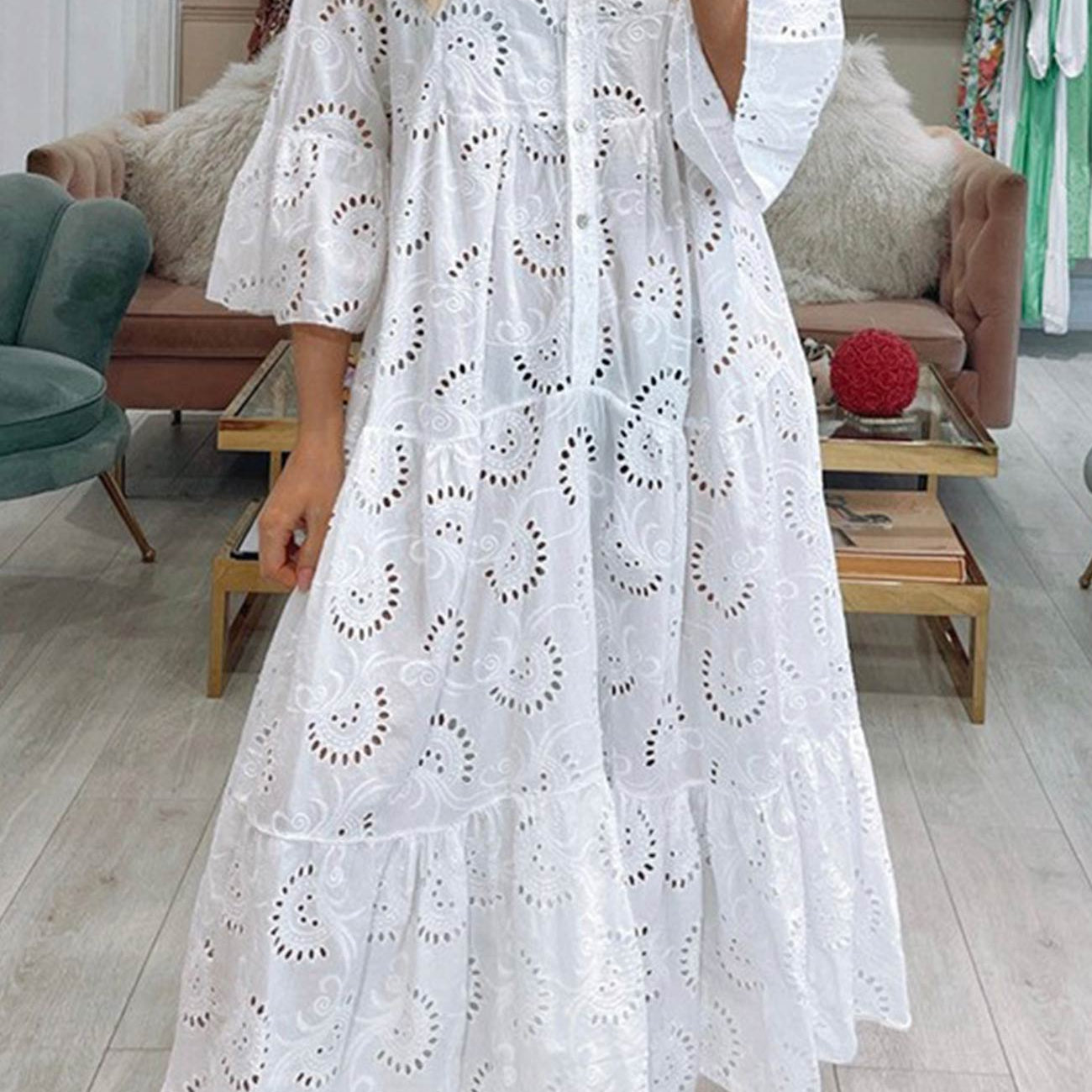 Lunaria | Robe Longue Broderie Anglaise Manches Évasées Bohème Chic Été Pour Femme