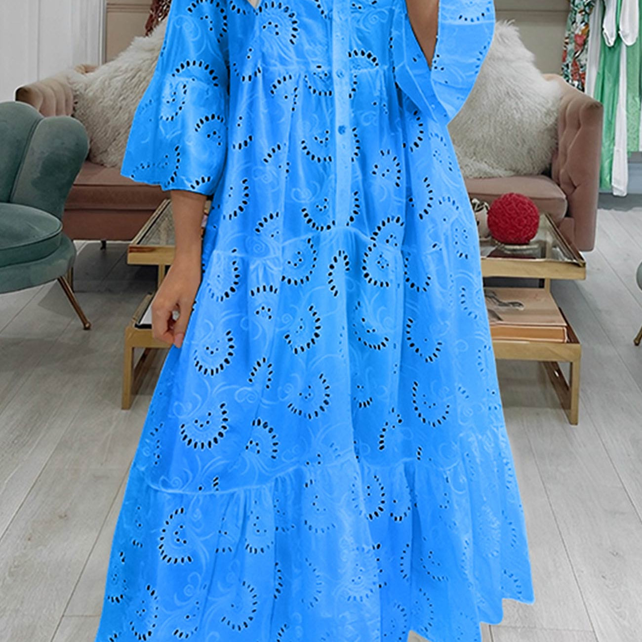 Lunaria | Robe Longue Broderie Anglaise Manches Évasées Bohème Chic Été Pour Femme