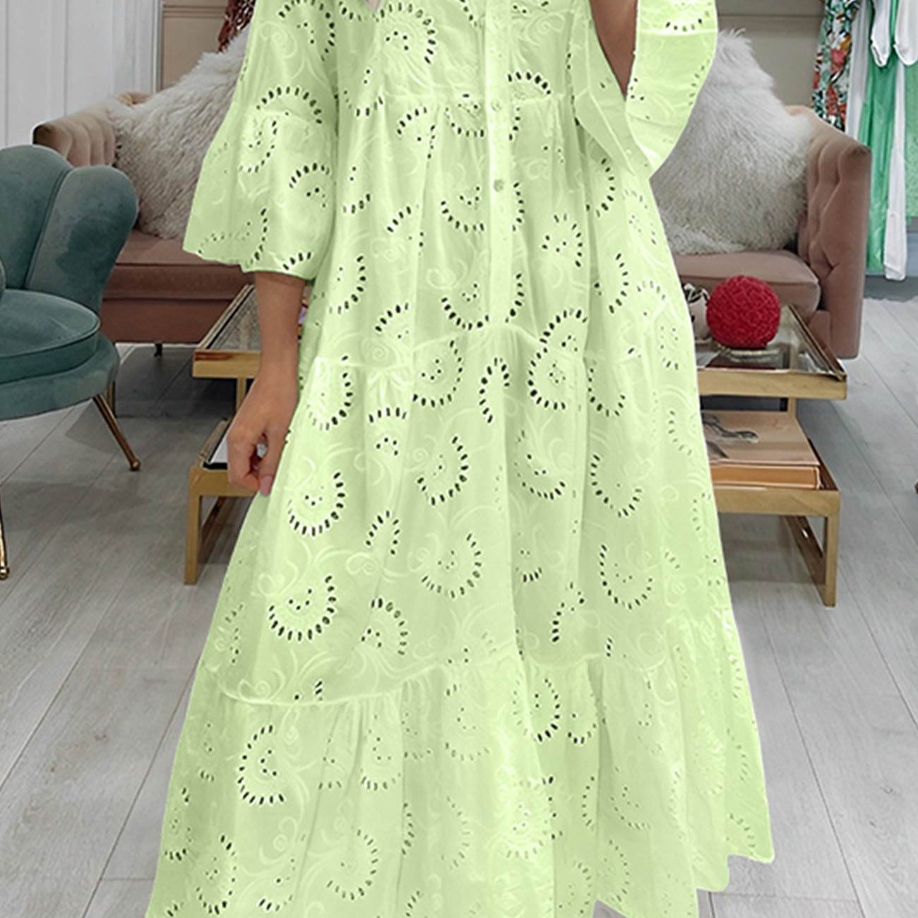 Lunaria | Robe Longue Broderie Anglaise Manches Évasées Bohème Chic Été Pour Femme