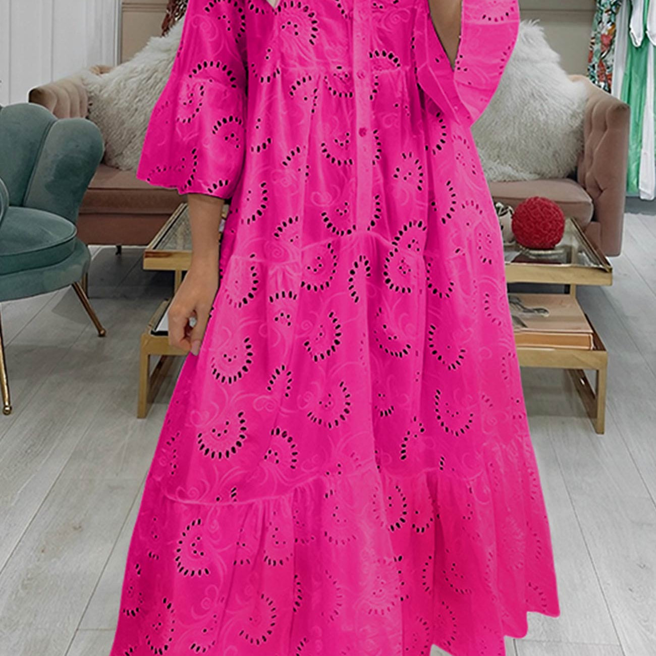 Lunaria | Robe Longue Broderie Anglaise Manches Évasées Bohème Chic Été Pour Femme