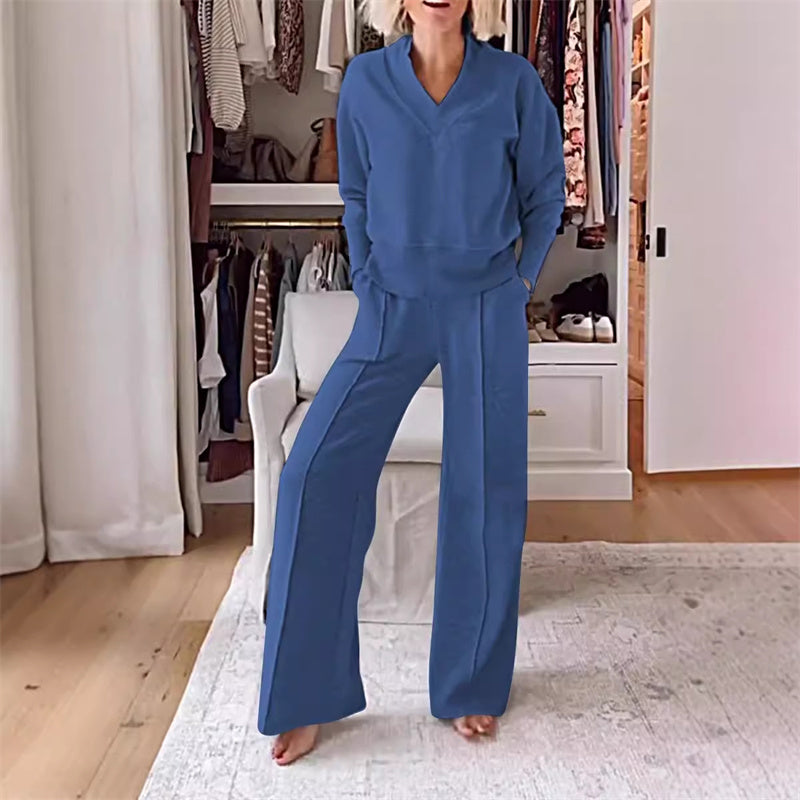 Ensemble Décontracté 2 Pièces | Col V & Pantalon Large | Confort Élégant