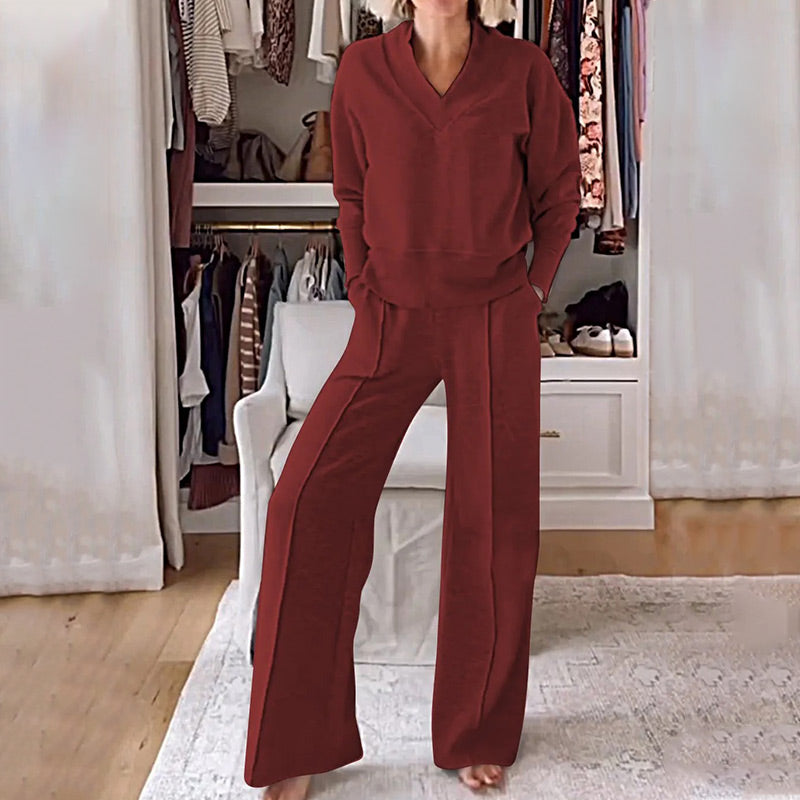 Ensemble Décontracté 2 Pièces | Col V & Pantalon Large | Confort Élégant