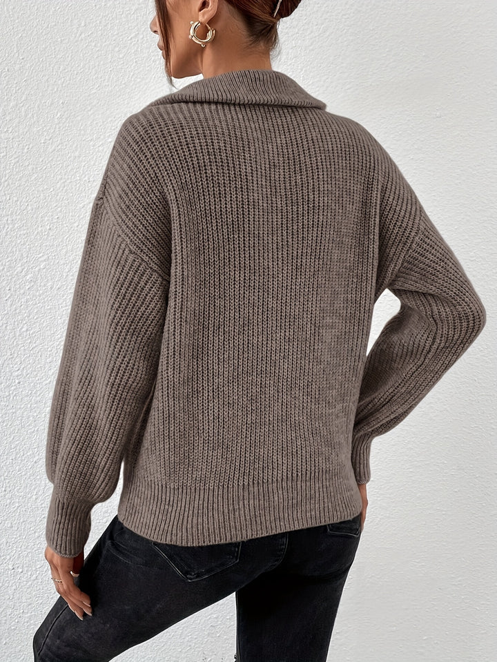 Pull Zippé À Épaules Tombantes Pour Femmes – Élégant Col V Automne/Hiver