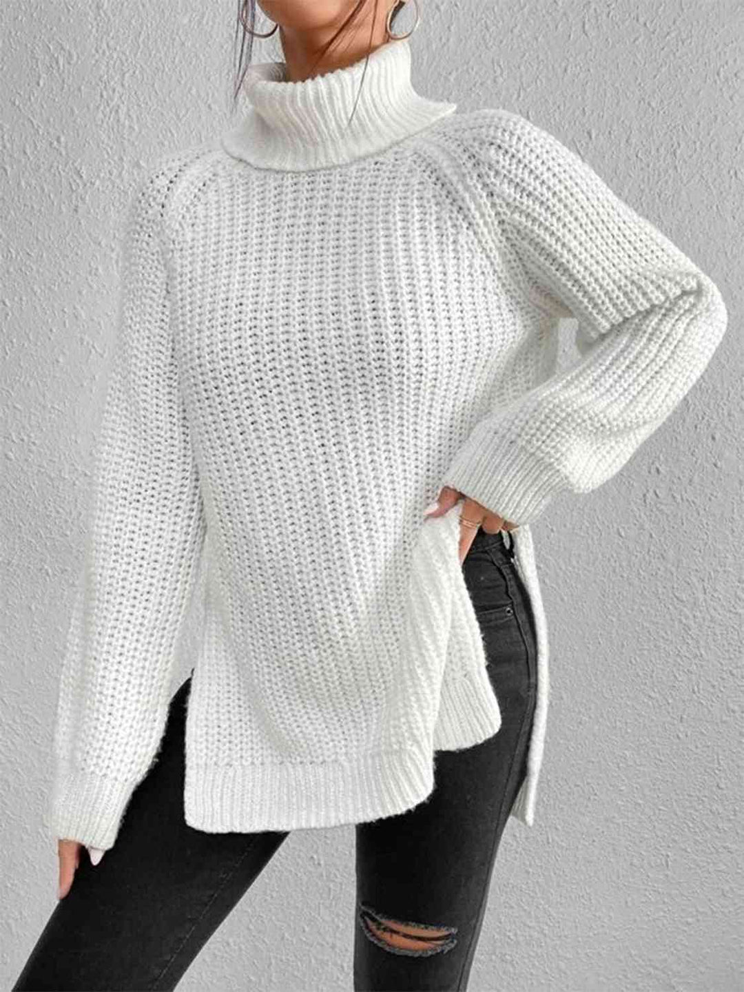 Pull Fendu À Col Roulé En Maille Côtelée Pour Femmes – Tricot Chic Automne/Hiver