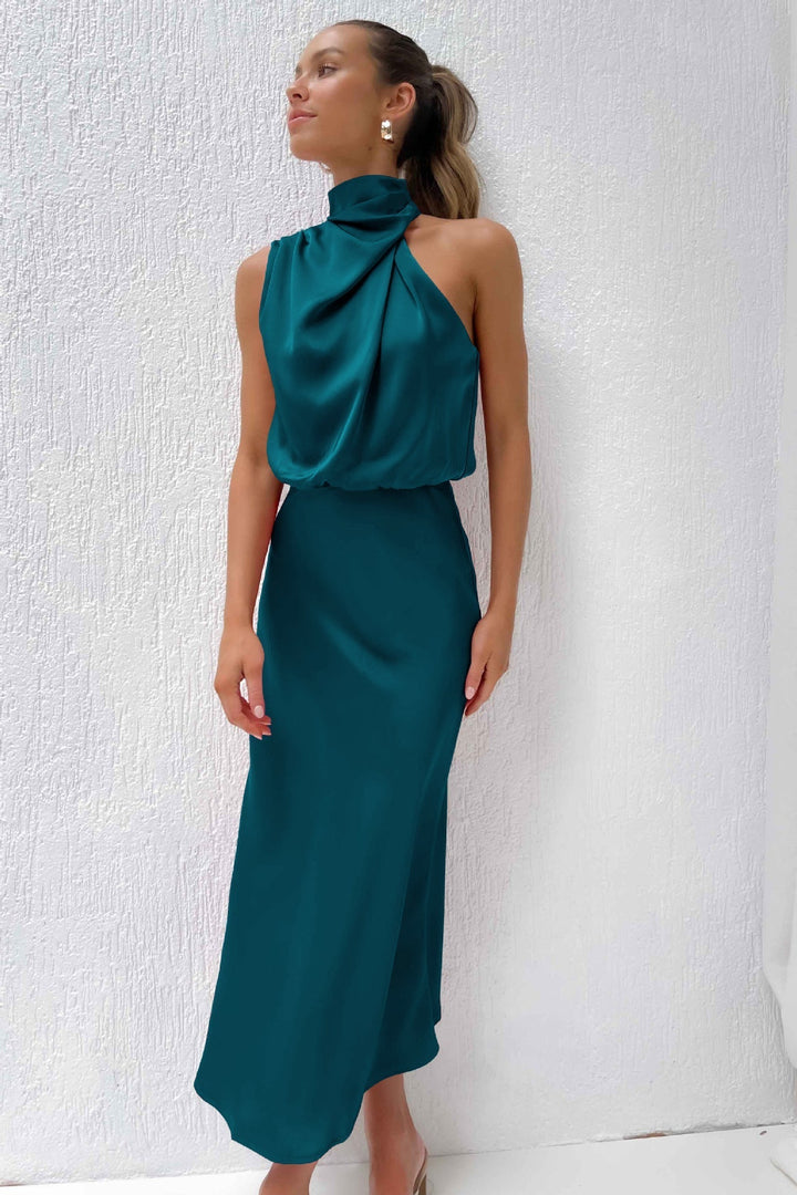 Nina | Robe midi satinée à col halter pour femmes