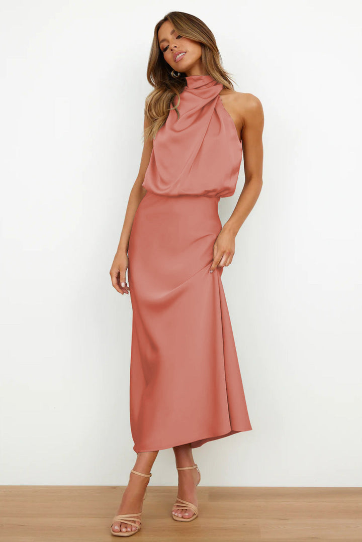 Nina | Robe midi satinée à col halter pour femmes