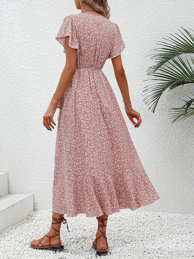 Légère & Fleurie – Robe d’Été Rose et Bleu à Imprimé
