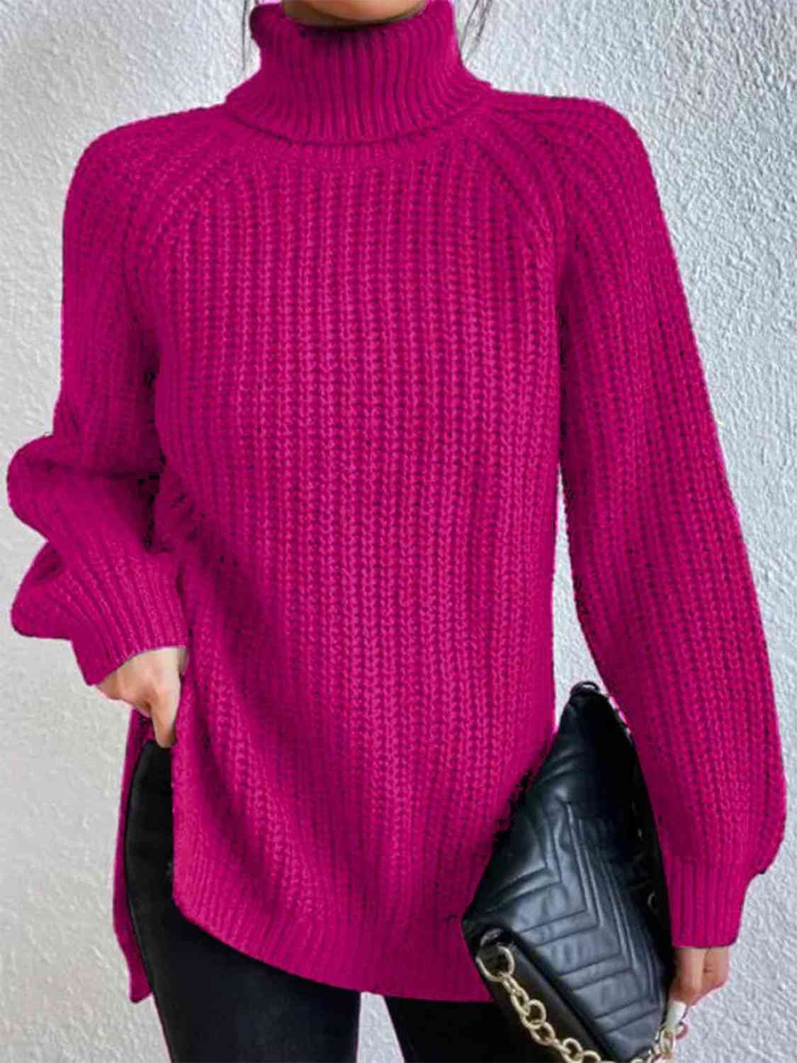 Pull Fendu À Col Roulé En Maille Côtelée Pour Femmes – Tricot Chic Automne/Hiver
