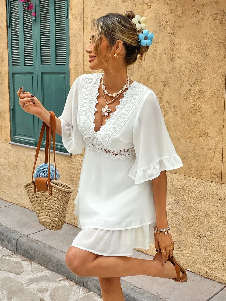 Zendoo | Robe d'été blanche style bohème avec dentelle et volants pour femmes