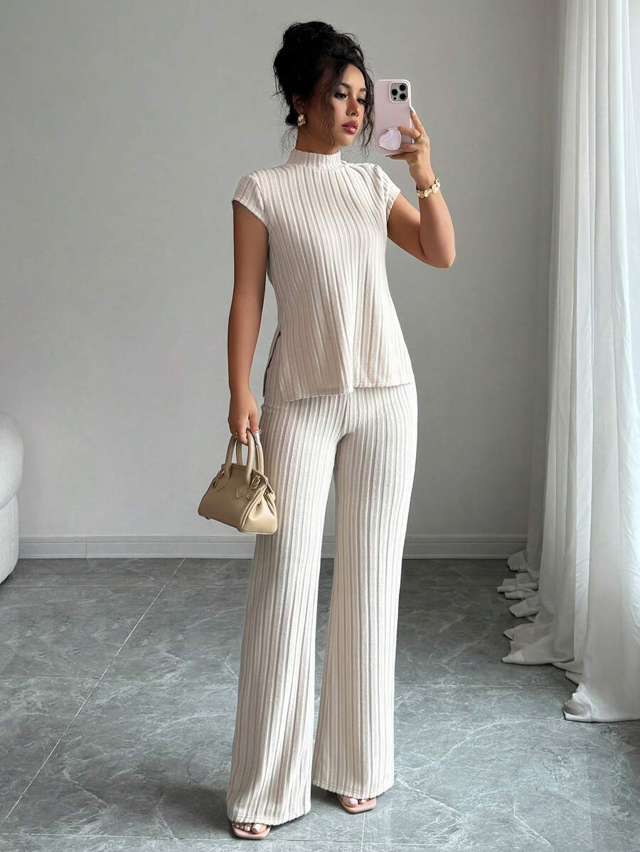 Ensemble Décontracté Élégant Pour Femmes – Haut Côtelé À Manches Courtes Et Pantalon Automne/Hiver