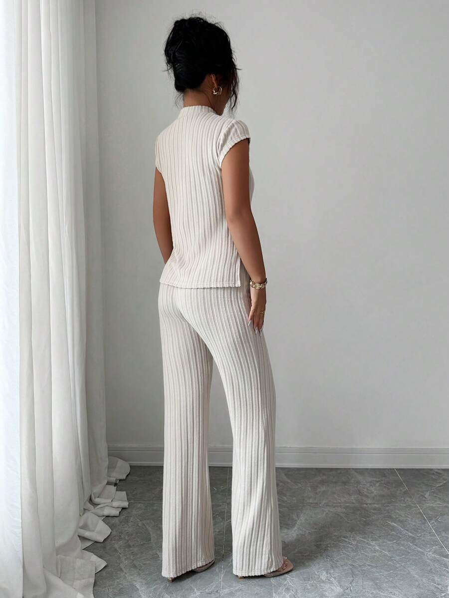 Ensemble Décontracté Élégant Pour Femmes – Haut Côtelé À Manches Courtes Et Pantalon Automne/Hiver
