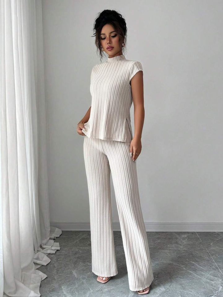Ensemble Décontracté Élégant Pour Femmes – Haut Côtelé À Manches Courtes Et Pantalon Automne/Hiver