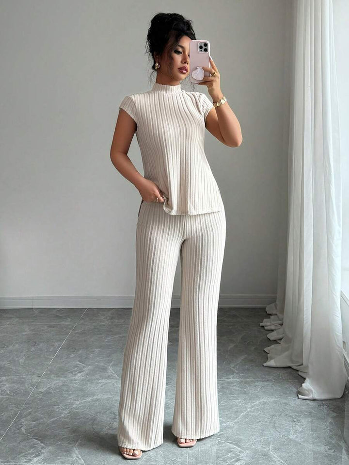 Ensemble Décontracté Élégant Pour Femmes – Haut Côtelé À Manches Courtes Et Pantalon Automne/Hiver