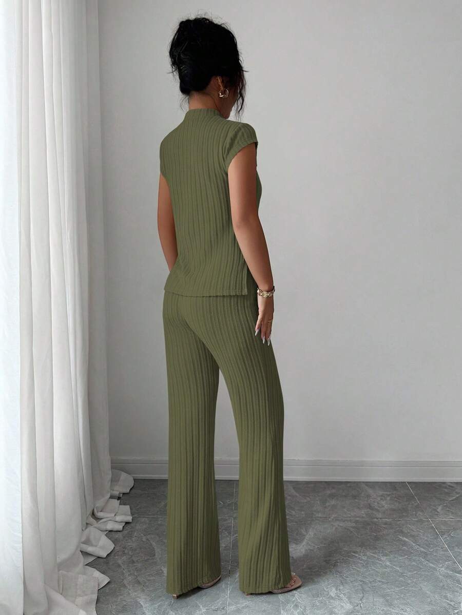 Ensemble Décontracté Élégant Pour Femmes – Haut Côtelé À Manches Courtes Et Pantalon Automne/Hiver