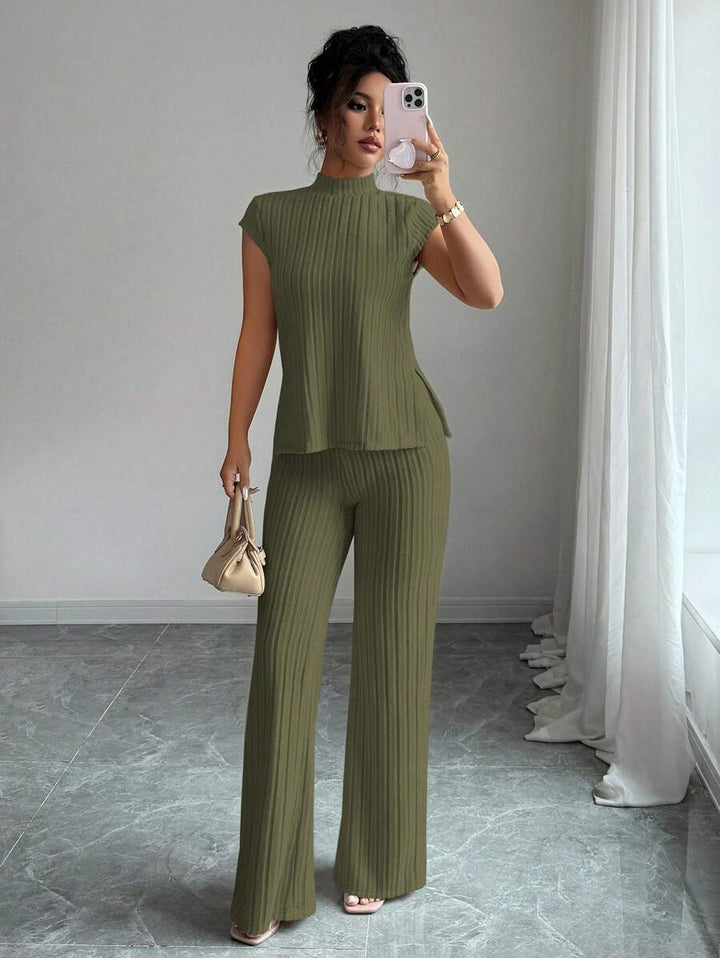 Ensemble Décontracté Élégant Pour Femmes – Haut Côtelé À Manches Courtes Et Pantalon Automne/Hiver