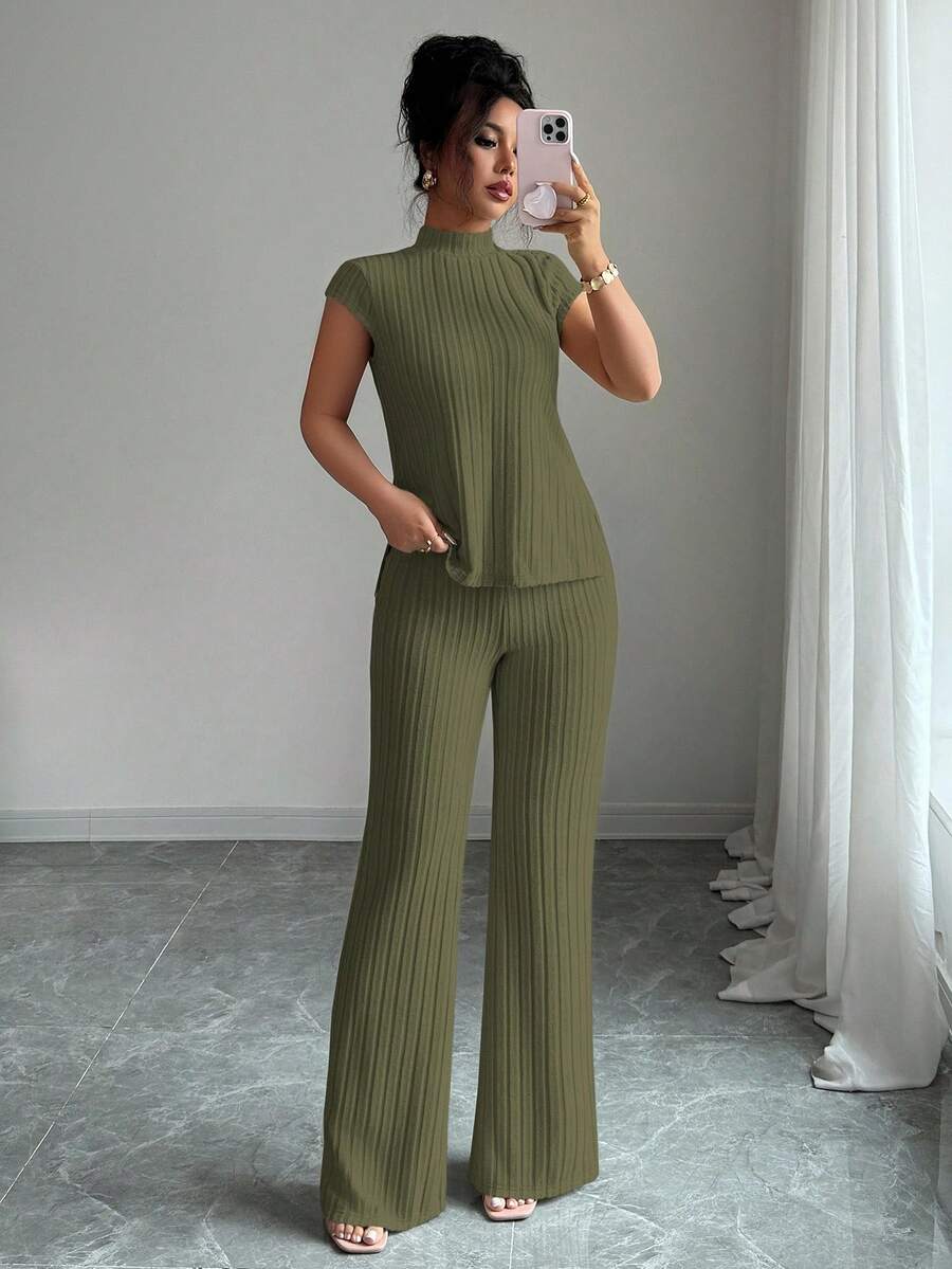 Ensemble Décontracté Élégant Pour Femmes – Haut Côtelé À Manches Courtes Et Pantalon Automne/Hiver