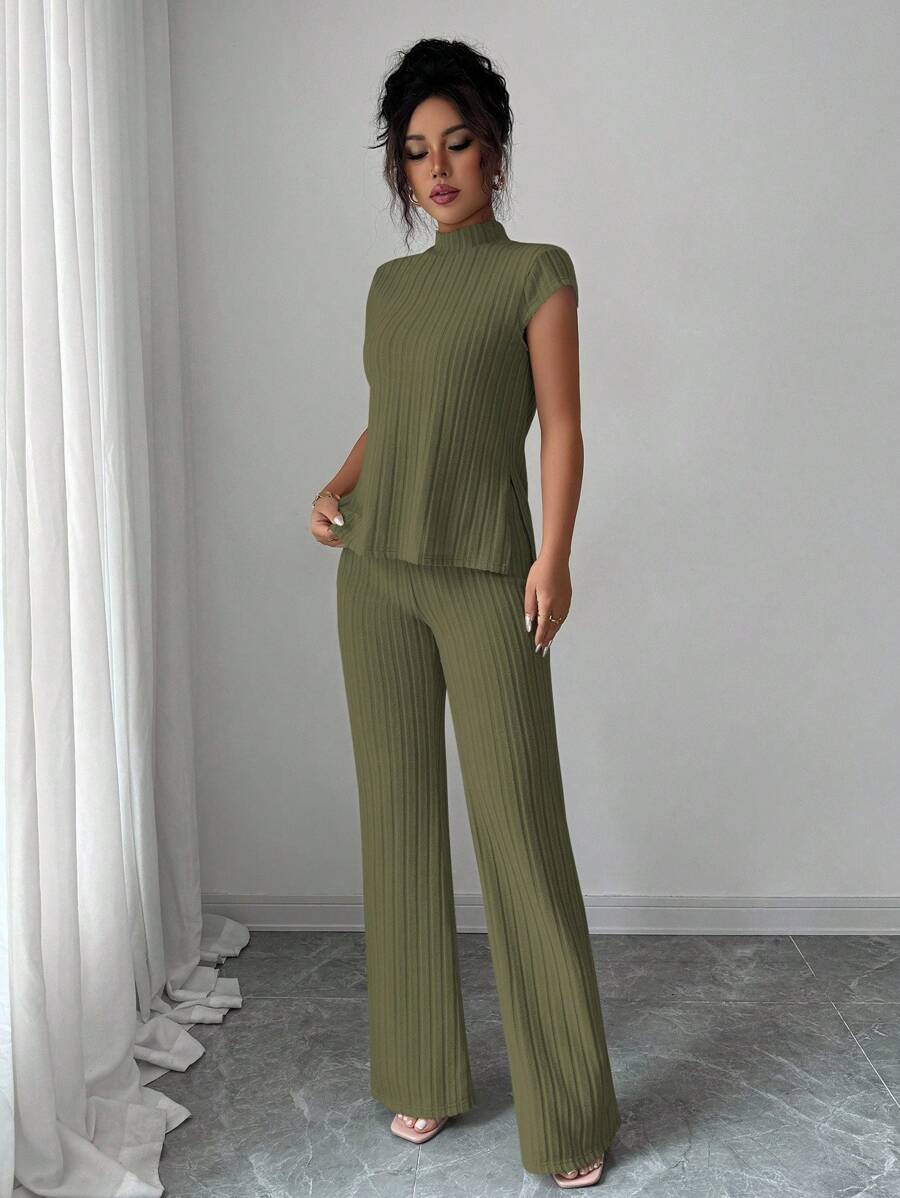 Ensemble Décontracté Élégant Pour Femmes – Haut Côtelé À Manches Courtes Et Pantalon Automne/Hiver