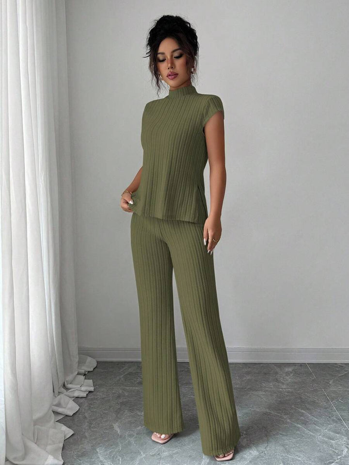 Ensemble Décontracté Élégant Pour Femmes – Haut Côtelé À Manches Courtes Et Pantalon Automne/Hiver