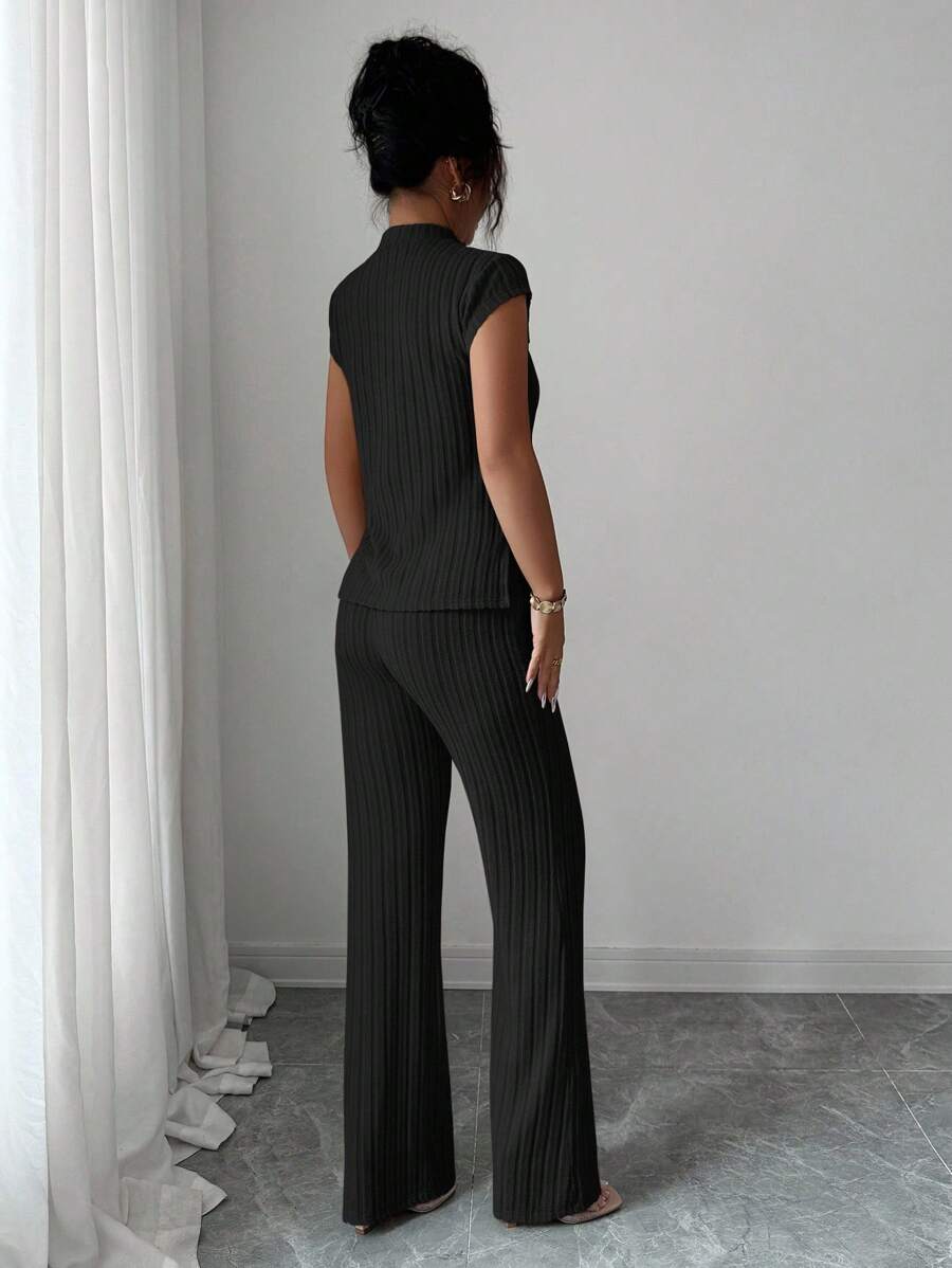 Ensemble Décontracté Élégant Pour Femmes – Haut Côtelé À Manches Courtes Et Pantalon Automne/Hiver