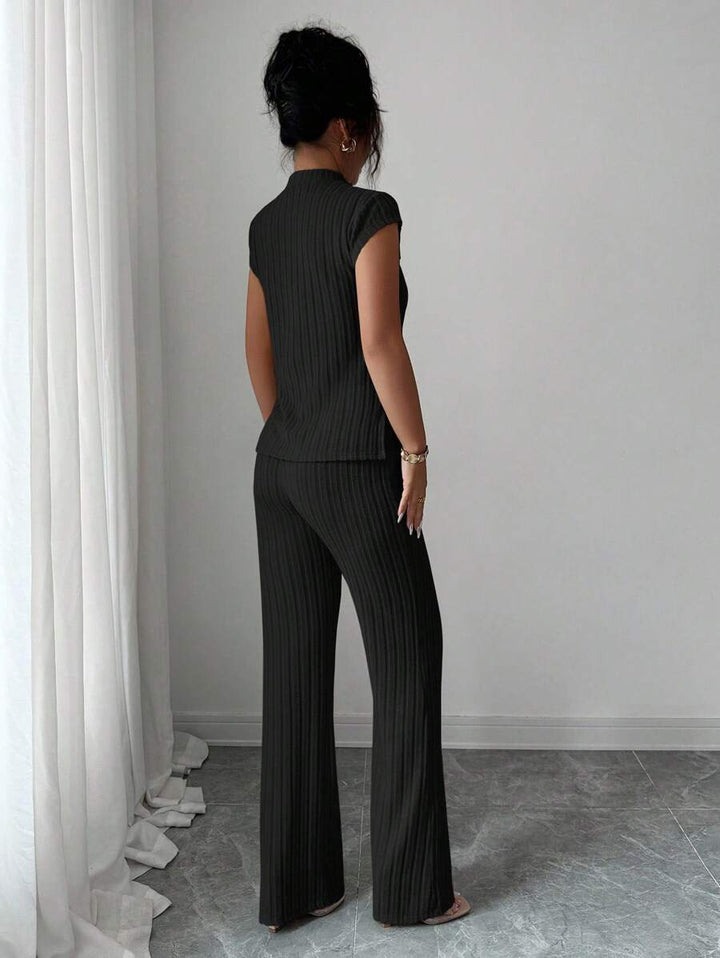 Ensemble Décontracté Élégant Pour Femmes – Haut Côtelé À Manches Courtes Et Pantalon Automne/Hiver