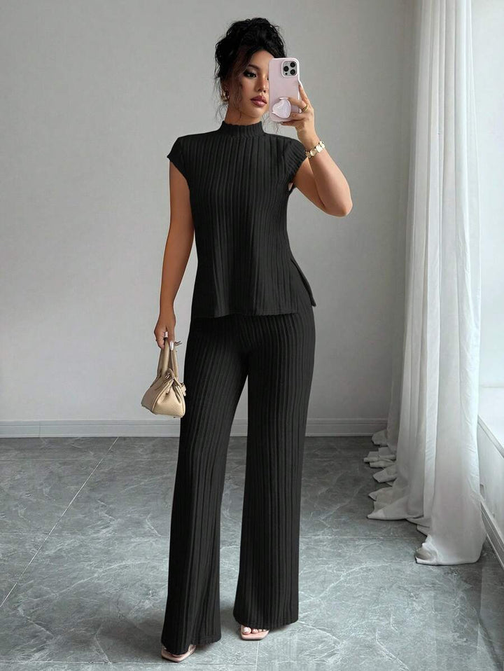 Ensemble Décontracté Élégant Pour Femmes – Haut Côtelé À Manches Courtes Et Pantalon Automne/Hiver
