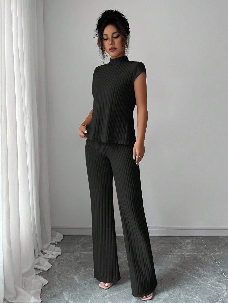 Ensemble Décontracté Élégant Pour Femmes – Haut Côtelé À Manches Courtes Et Pantalon Automne/Hiver