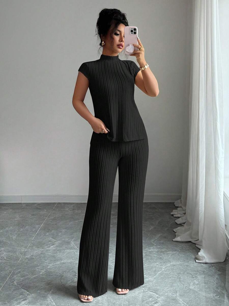 Ensemble Décontracté Élégant Pour Femmes – Haut Côtelé À Manches Courtes Et Pantalon Automne/Hiver