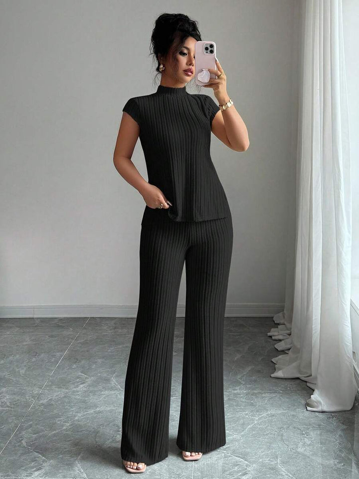 Ensemble Décontracté Élégant Pour Femmes – Haut Côtelé À Manches Courtes Et Pantalon Automne/Hiver