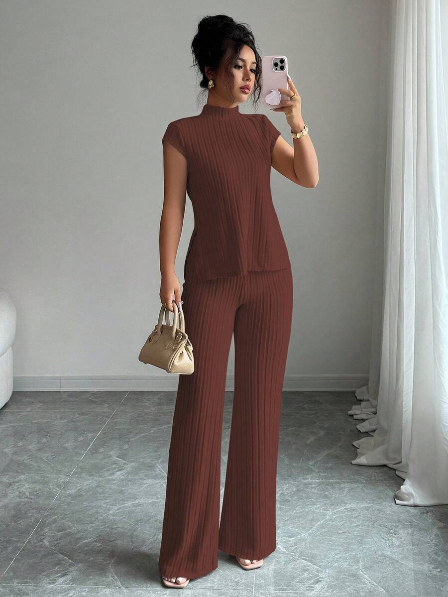 Ensemble Décontracté Élégant Pour Femmes – Haut Côtelé À Manches Courtes Et Pantalon Automne/Hiver