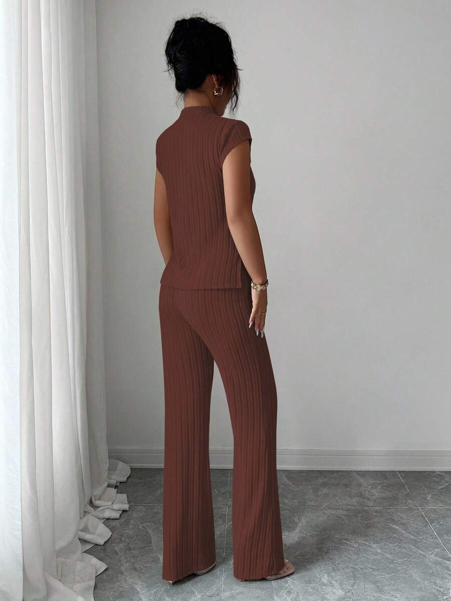 Ensemble Décontracté Élégant Pour Femmes – Haut Côtelé À Manches Courtes Et Pantalon Automne/Hiver